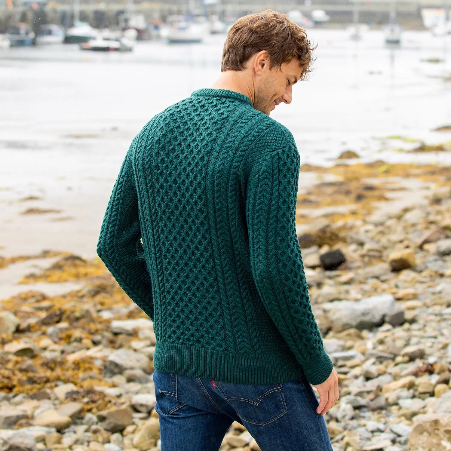 Men's Dark Green Aran Sweater: 100% Merino Wool Irish Knit